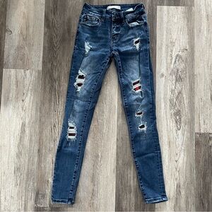 KanCan Dark Blue Distressed Skinny Jeans with Buffalo Plaid Accent Size 24